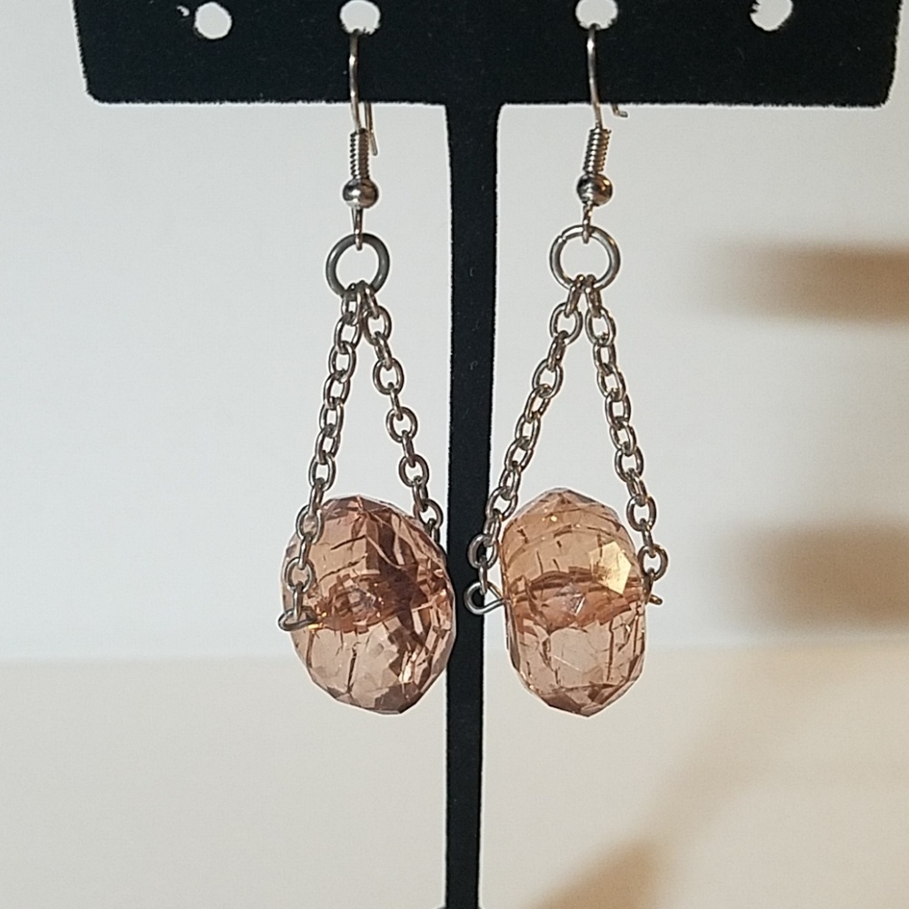 Large Pinkish Brown Stone Chained 1.5" Earrings